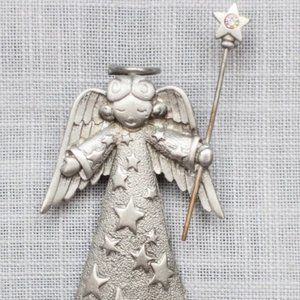 Christmas Angel JJ Pewter Brooch, Vintage Christmas Brooch Jonette Jewelry